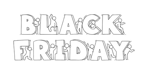 Cartoon little people with big words Black Friday