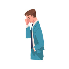 Young Busy Man Office Worker in Stress Feeling Tired and Exhausted Vector Illustration