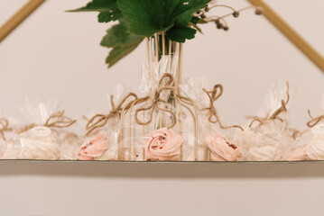 Beautiful candy bar decoration, homemade craft marshmallows in the shape of flowers