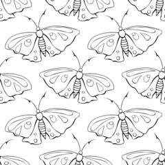 Vector seamless pattern of black outline cute butterflies in Doodle style. Cute cartoon beautiful insects. Background and texture on theme of nature, spring, summer, children print, isolated