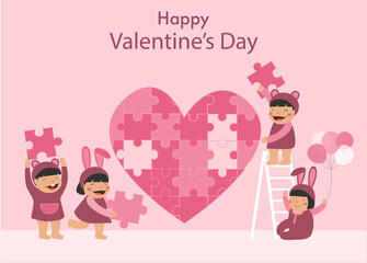 Children assemble heart shaped puzzle pieces,Design for Valentine's Day,Vector illustration.