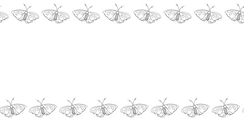 Vector hand drawn border, frame of outline cute butterflies in doodle style. Horizontal top and bottom edging, decoration, seamless pattern for holidays, natural design, kids theme