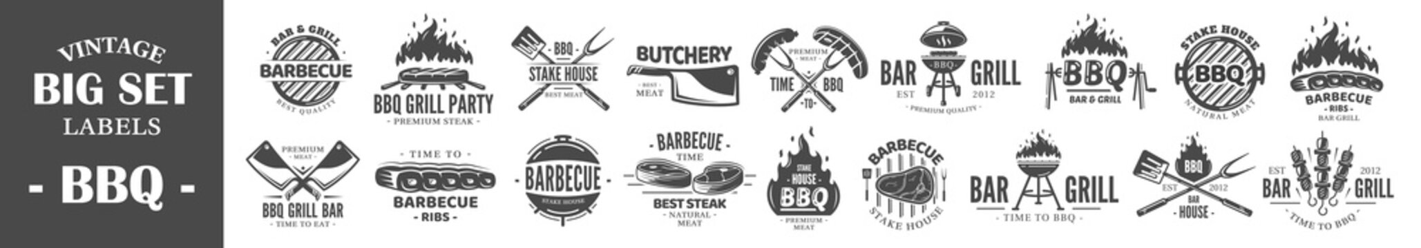 Big collections Vintage Barbecue Grill Labels isolated on white background. Set of BBQ Logo Templates for design. Vector illustrations