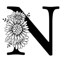 Letter N with sunflowers. Farmhouse monogram in vintage style. Black silhouette of letter for cutting on plotter, print. N symbol for family logo, name tag badge. Vector illustration isolated on white
