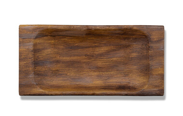 Wooden dish - plate for food on white background. Old trough. Design element