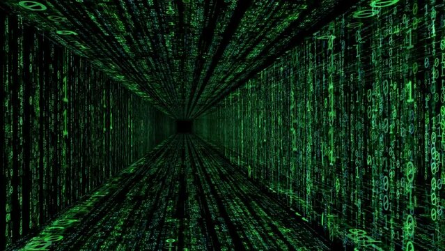 Aus gr&uuml;ner Matrix (Bin&auml;r Code) gebildeter Raum geeignet als Hintergrund Animation 