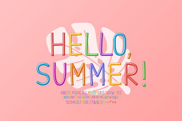Bright summer greeting card Hello Summer with tropical leaf on pink background and multicolored font