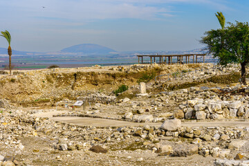 Ancient archaeological ruins, and Mount Tabor, Tel Megiddo National Park