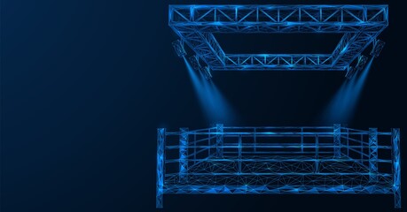 Boxing ring. Metal construction with lighting spotlights. Arena for duels. Polygonal design of interconnected lines and points. Blue background.