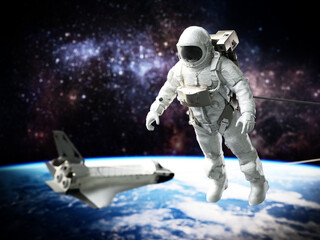Naklejka premium Spacewalking astronaut with a view of the Earth and space shuttle at the background. 3D illustration