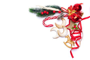 Christmas and New Year symbols and attributes of winter holidays - candy, cookies, pine cone