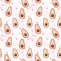 Seamless pattern with smiling avocados and pink hearts 