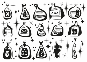 A set of potion bottles. Vector icons of flasks, magic elixir in glass flasks. Witch poison, love potion, Halloween, healing potions, tags for description. A set for alchemy. Medicine.