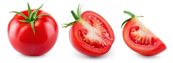 Tomato isolated. Tomato whole, half and slice on white background. Tomatoes with clipping path. - obrazy, fototapety, plakaty