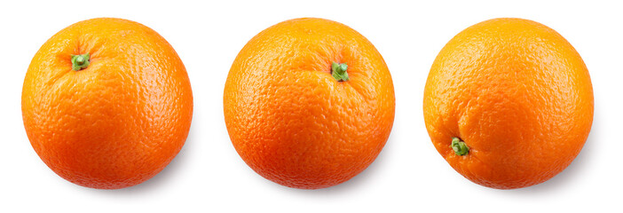 Orange fruit isolated top view. Orang whole flat lay on white background. High angle view. Full...