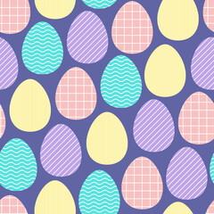Seamless vector Happy Easter pattern. Painted color Eggs with neutral geometric ornaments on very peri background. Festive spring stripes, lines, grid illustration. Cute Easter purple illustration