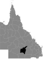 Black flat blank highlighted location map of the SHIRE OF MURWEH AREA inside gray administrative map of areas of the Australian state of Queensland, Australia