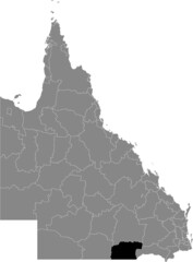 Black flat blank highlighted location map of the SHIRE OF BALONNE AREA inside gray administrative map of areas of the Australian state of Queensland, Australia