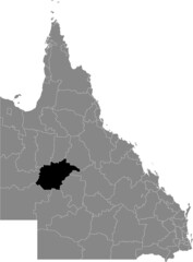 Black flat blank highlighted location map of the SHIRE OF WINTON AREA inside gray administrative map of areas of the Australian state of Queensland, Australia