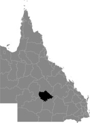 Black flat blank highlighted location map of the BLACKALL-TAMBO REGION AREA inside gray administrative map of areas of the Australian state of Queensland, Australia