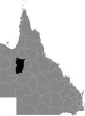 Black flat blank highlighted location map of the SHIRE OF MCKINLAY AREA inside gray administrative map of areas of the Australian state of Queensland, Australia