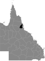 Black flat blank highlighted location map of the TABLELANDS REGION AREA inside gray administrative map of areas of the Australian state of Queensland, Australia