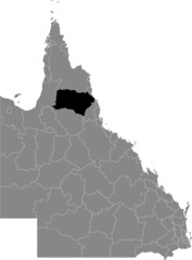 Black flat blank highlighted location map of the SHIRE OF MAREEBA AREA inside gray administrative map of areas of the Australian state of Queensland, Australia