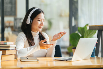 Beautiful woman wearing headsets worker call centre. working customer support service operator. communication in corporate, Business adviser concept.