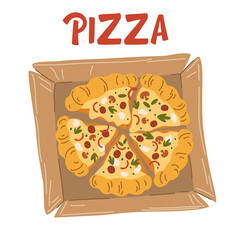 Pizza on a wooden stand. Delicious pizza with mozzarella cheese, sausage, mushrooms, herbs and pepper. Traditional Italian fast food. Vector hand draw cartoon illustration