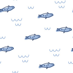 Fish seamless pattern. Perfect for fabric, packaging, wallpaper, textiles, clothing. Cartoon Sea Animals Vector illustration in Scandinavian style