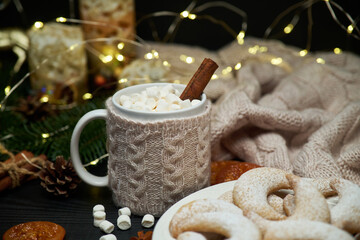 Plate of Traditional German or Austrian Vanillekipferl vanilla kipferl cookies and decorations