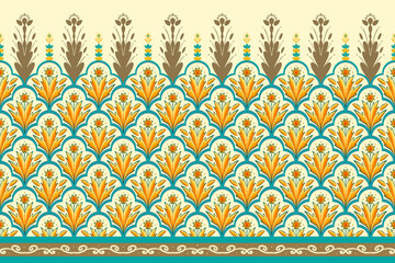 Yellow, Green Teal on Ivory. Geometric ethnic oriental pattern traditional Design for background,carpet,wallpaper,clothing,wrapping,Batik,fabric, illustration embroidery style