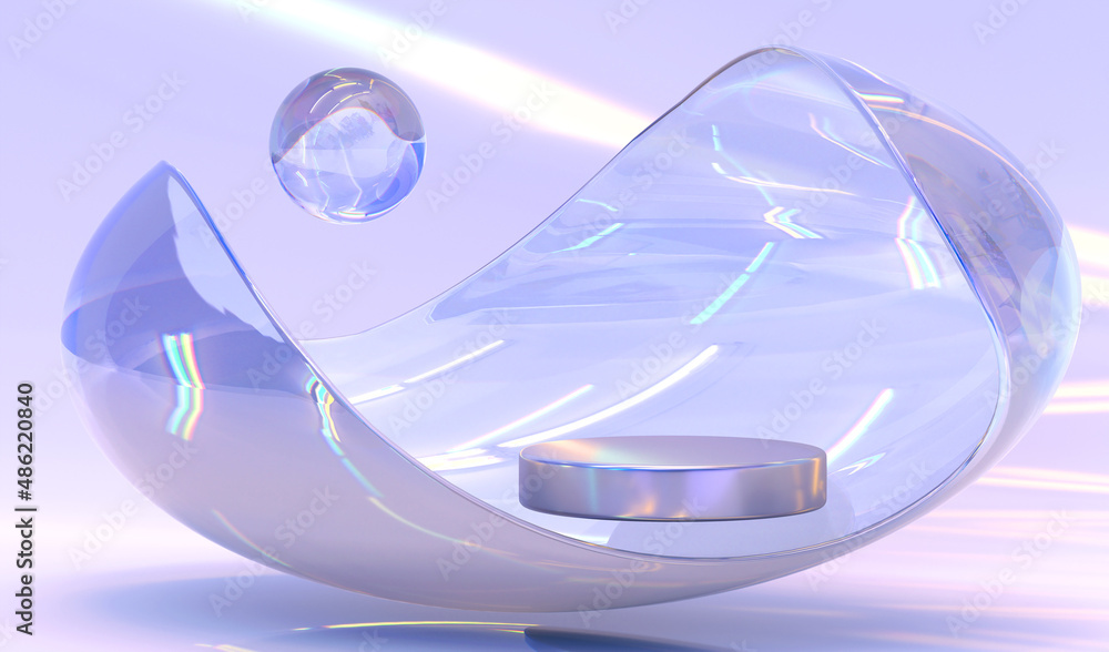 Poster podium with holographic gradient wave or glass iridescent ribbon and crystal sphere. empty pedestal 