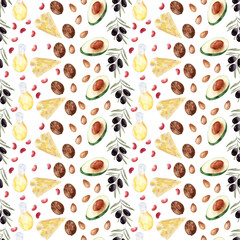 A set of watercolor seamless patterns with proper nutrition products
