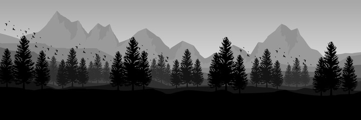 simple creative mountain forest landscape flat design vector illustration good for wallpaper, backdrop, background, web banner, and design template