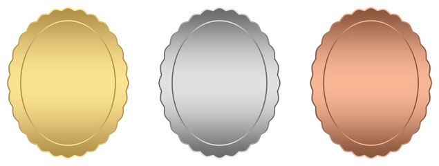 Goldrahmen, Silberrahmen, Bronzerahmen im gewellten antiken Oval Design.
Rahmen oder Medaille Vektor auf einem wei&szlig;en isolierten Hintergrund.
