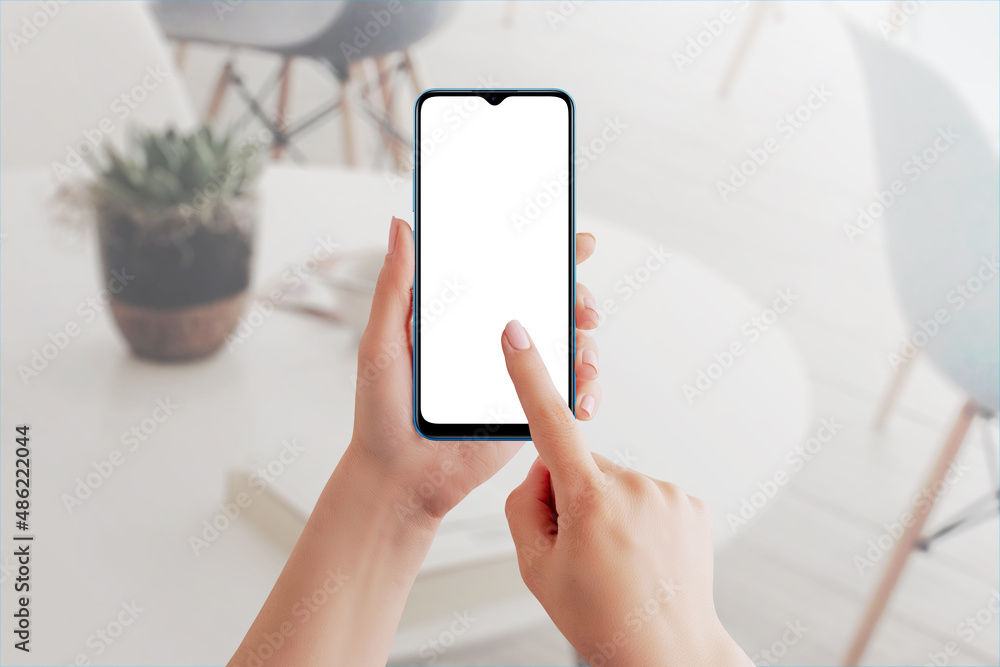 Poster Female hand using blank touchscreen of smart phone. Isolated display in white for app design presentation