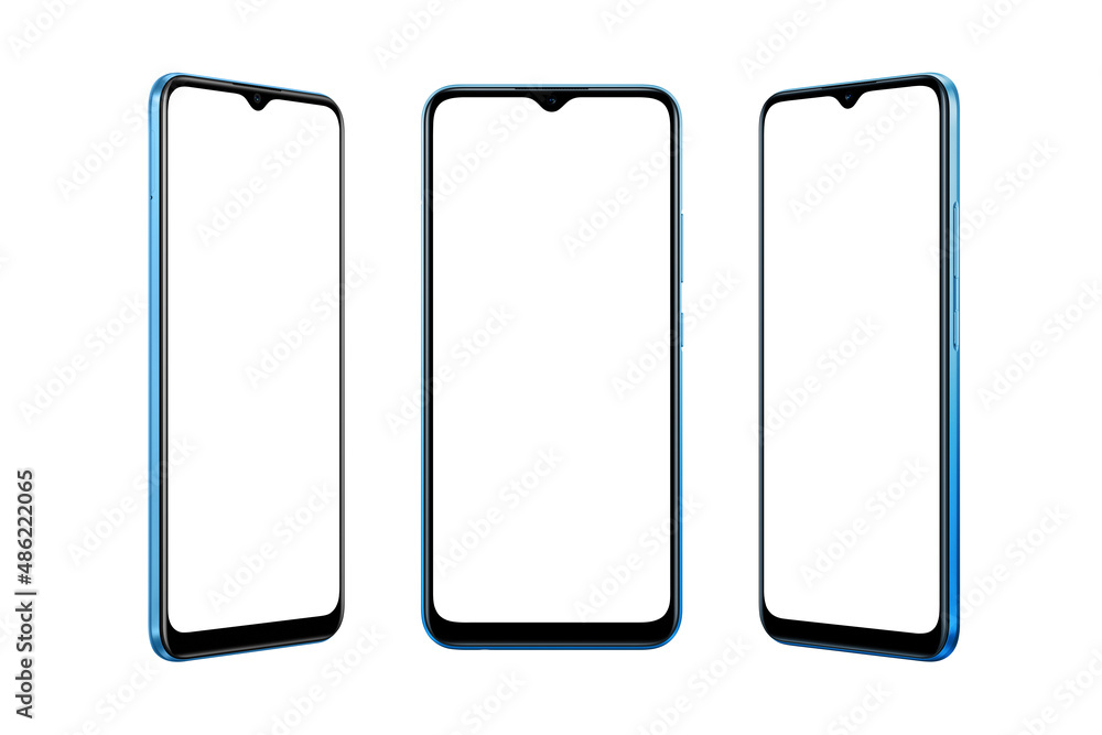 Poster Isolated blue modern smartphone with blank screen for mockup in three positions
