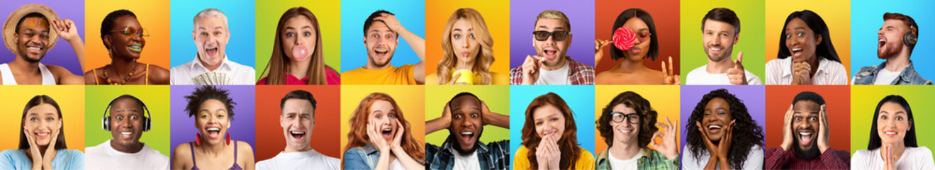 Fototapeta premium Multiracial men and women gesturing and grimacing on colorful backgrounds