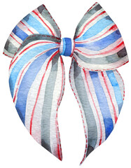 Watercolor decoration striped red and blue bow. Hand-drawn illustration.