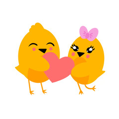 Charming couple of yellow chickens giving heart. Valentines Day. Vector illustration isolated on white background. Image intended for printing and use in design of clothing menu sites banners in