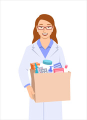 Young woman pharmacist in white coat holding paper bag with medicines and other goods bought in a pharmacy. Female drugstore seller gives the order to the buyer. Drugstore worker isolated on white