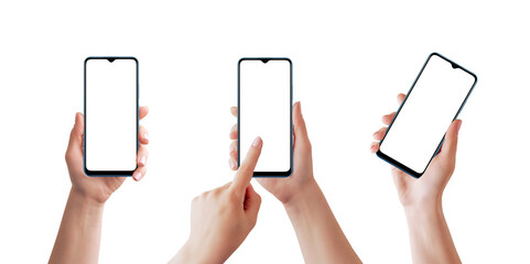 Obraz na płótnie Canvas Phone mockup in different woman hands isolated in white. Smooth and soft retouched hands. Blank screen for app presentation
