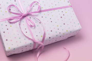 Gift or Present Box on Pink Background Flat Composition for Birthday or Mother day or Wedding Horizontal