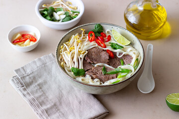 Pho Bo vietnamese soup with beef. Asian food. National cuisine.