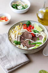 Pho Bo vietnamese soup with beef. Asian food. National cuisine.
