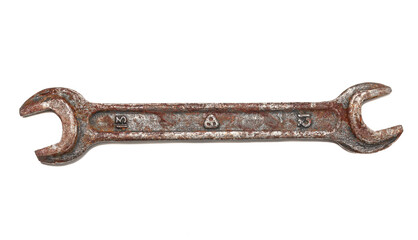 Old rusty wrench, isolated on white background