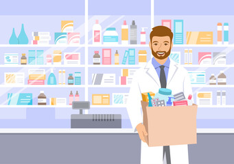 Young man pharmacist in white coat stands in front of shelves with medicines in drugstore holding paper bag with drugs bought in a pharmacy. Friendly dispensary seller gives the order to the buyer