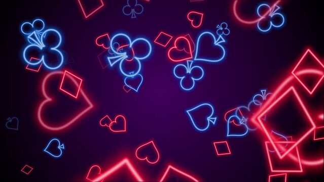 Playing Card Suit Ornament Symbol Pictogram for Poker Casino Background Loop in Neon Style.
Casino Playing Cards Suits Icons Diamonds, Clovers, Hearts, Spades Glamure Video Template.