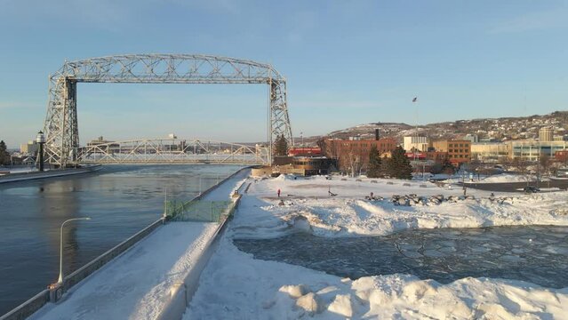 Winter at Canal Park bridge in Duluth, Minnesota during sunrise
